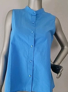 💫Washed Organic Cotton Poplin Mandarin Collar Shirt By Eileen Fisher - Picture 1 of 9