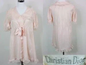 Vintage Christian Dior Babydoll Sleep Top Women's S Pink Ruffle Sash #J3022 - Picture 1 of 16