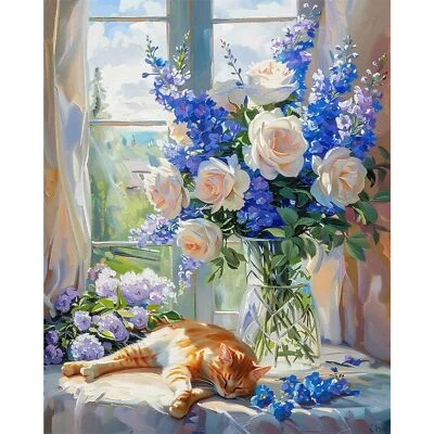 SRETOUL Flowers Paint by Numbers- Cat Paint by Numbers Kit for Adults,Flowers Painting