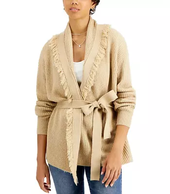 Willow Drive Womens Size Small Fringe Trim Cardigan Sweater MISSING BELT Tan - Image 1 of 4