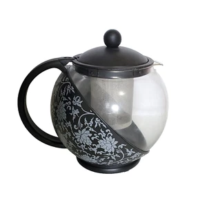 Primula Black Floral Half Moon Glass Teapot 40 Oz Tea Infuser Whimsical Witchy - Picture 1 of 3