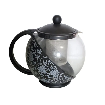 Primula Black Floral Half Moon Glass Teapot 40 Oz Tea Infuser Whimsical Witchy - Image 1 of 3