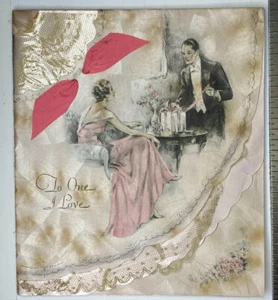 Vintage Valentinstag Grußkarte Paar schwarze Krawatte handbemalt Rost Handarbeit um 1930 - Bild 1 von 3