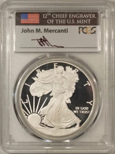 2010-W $1 1 OZ PROOF AMERICAN SILVER EAGLE PCGS PR-70 DCAM MERCANTI SIGNED LABEL - Picture 1 of 4