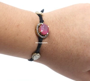 Real Ruby Polki Pave Diamond Gemstone 925 Solid Silver Bracelet Jewelry For Her - Picture 1 of 10