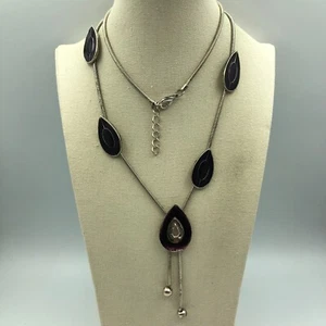 STATEMENT Silver Tone Bolo & Dark Purple Enamel Pendant Necklace Retro Christmas - Picture 1 of 17