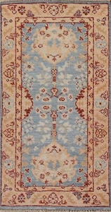 Geometric Light Blue Oushak Turkish Hand-made Wool Accent Rug 2x4 ft - Picture 1 of 12