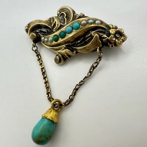 Broche prendedor antiguo victoriano sólido oro 14Kt turquesa genuino perlas con semillas - Imagen 1 de 10