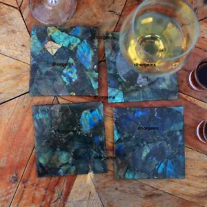 Natural Labradorite Square Coaster Gemstone Bar Coaster Gift Set 6 pcs 6 inch - Picture 1 of 10