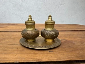 Vintage Brass Salt & Pepper Shakers With Detailed Tray Set - Picture 1 of 6