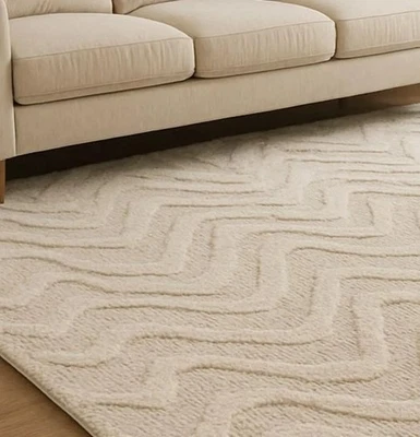 Hand Tufted Wool 8x10 Carpet Cream Beige Zigzag Textured Area Carpet - Image 1 of 4