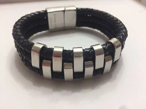 Black Braided Leather Silver Stainless Steel Cuban Chain Men's Bracelet - Picture 1 of 2