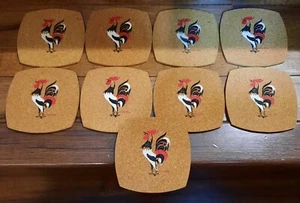 Vintage 1960s Hilde Bee Hand-Painted Rooster Set Of 9 Collectible Cork Coasters - Picture 1 of 5