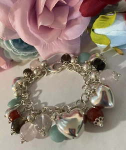 Multi Heart Bracelet Dangle Sterling Silver Blue Pink Red Black Gemstone 7.5” - Picture 1 of 12
