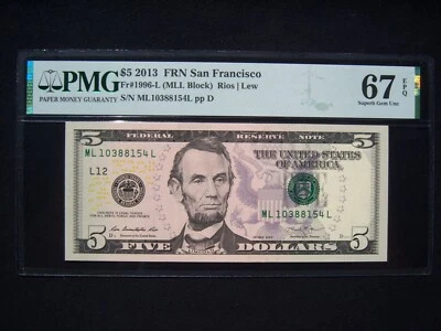 $5 Federal Reserve Note Series 2013 FR1996-L San Francisco MLL Block - Image 1 of 2