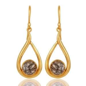 18k Yellow Gold Plated Tourmulated Quartz Gemstone Sterling Silver Earrings - Picture 1 of 5