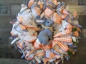 Orange & White Easter Wreath with Buffalo Check Bunny Rabbit - Picture 1 of 6