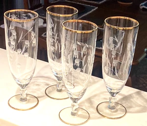 Vtg Lily Of The Valley 9” Tall Champagne Flutes Set Of 4 Etched Art Deco Gold - Picture 1 of 8