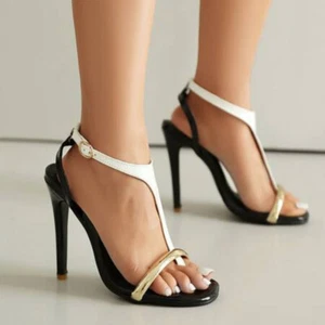 Damen-Sandalen PU-Leder rund geschnitten hoher Stilettoabsatz Schnalle Riemen Freizeit - Bild 1 von 21
