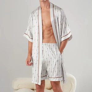 Men's Silk Nightgown Shorts Set Loose Cardigan Mid-sleeved Pajamas Home Clothing - Picture 1 of 32