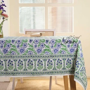 Hand Block Printed Cotton Floral Tablecloth Boho Table Cover for Dining Room - Picture 1 of 9