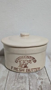 Vaso vintage Grover Farms MANTEQUILLA FRESCA con tapa gres diseño vaca lechera - Imagen 1 de 8