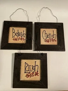 Primitive Style Embroidery In Wood Frames Believe Cherish Laugh Each 5”x 5” - Picture 1 of 8