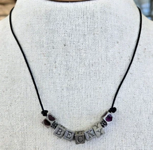 Vtg BECKY Name Sliding Cube Silver Tone Bead Choker Necklace 19.75" Black Cord - Picture 1 of 6