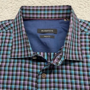 Bugatchi Shirt Men XL Classic Fit Button Up Long Sleeve Cotton Blue Purple Plaid - Picture 1 of 15