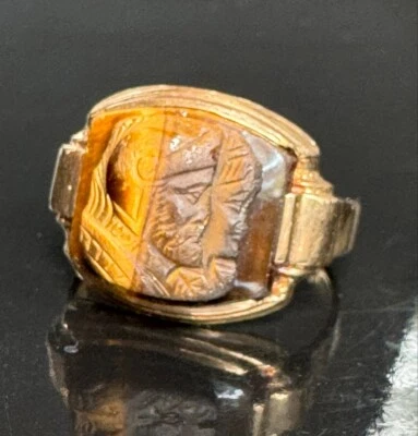 ANILLO CAMAFEO HOMBRE ORO AMARILLO Y OJO DE TIGRE GUERREROS TALLA 11.25 Foto 1 de 4