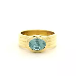 18k Yellow Gold Oval Cabochon Aquamarine Solitaire Grooved Band Ring sz 6.5 - Picture 1 of 12
