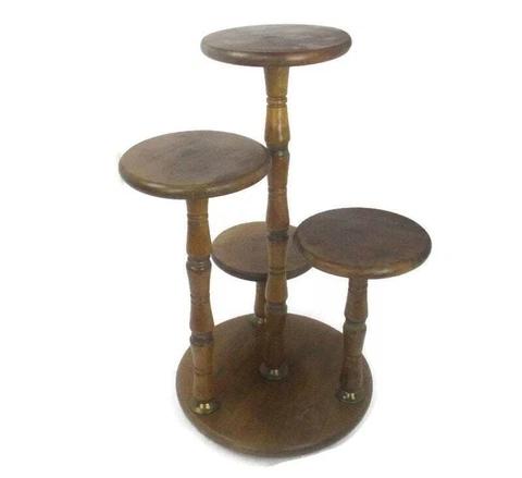 XL Vintage 4 Tier Pedestal Table Plant Flower Stand Side Table Carved wood Brass Cover