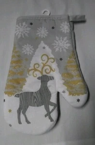 Neu ohne Etikett weiß grau und gold Rentier Ofenhandschuh - Bild 1 von 3