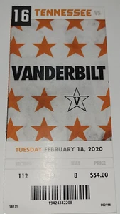 TENNESSEE VOLUNTEERS VS Vanderbilt 02/18/2020  FULL TICKET Stub Unused - Picture 1 of 2
