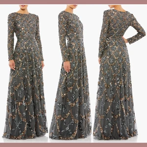 NWT Mac Duggal [ 14 ] 5496 Embellished Long Sleeve A Line Gown Charcoal #G1254 - Picture 1 of 16