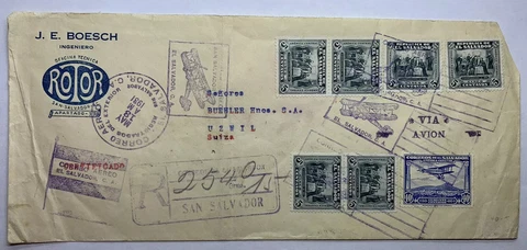 1931 EL SALVADOR REGISTERED CERTIFIED COVER TO UZWIL SWITZERLAND WITH RED SEAL Cover