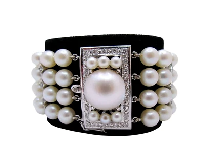 14K White Gold Multi- Strand Beaded Pearl & Diamond Bracelet - Image 1 of 4