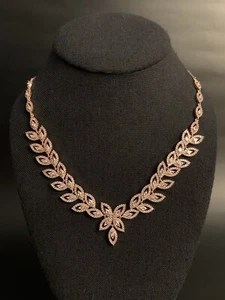 Rose Gold Cubic Zirconia Leaf Chain Link Statement Necklace For Her - Picture 1 of 4