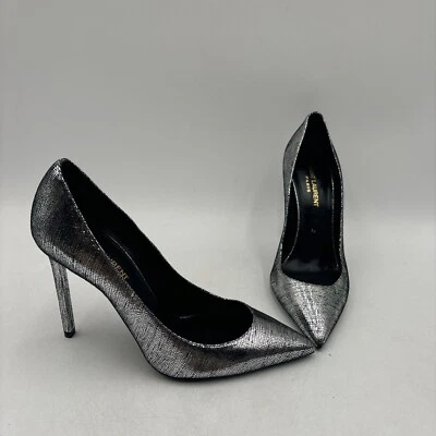 Tacones altos Saint Laurent Zoe metálicos plateados punta para mujer talla 38 Foto 1 de 4