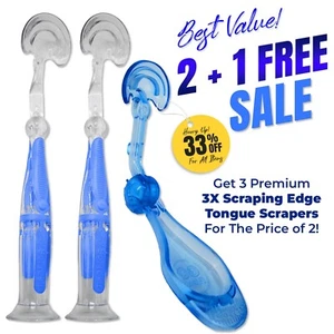 2 and 1 FREE Blue Triple-Edge Tongue Scrapers (2 Standing & 1 Folding Travel) - Picture 1 of 8