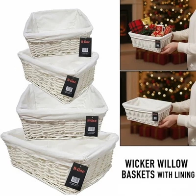 WHITE WICKER WILLOW STORAGE BASKETS W LINING XMAS GIFT MAKE YOUR OWN HAMPER - Image 1 of 4