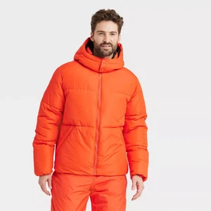 All In Motion Men's Winter Hooded Wind-Resistant Puffer Jacket, Red Orange, S - Picture 1 of 11