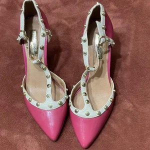 Halogen Fuchsia Ecru Lackleder Nieten T-Riemen Pumps Gr. 5 - Bild 1 von 8