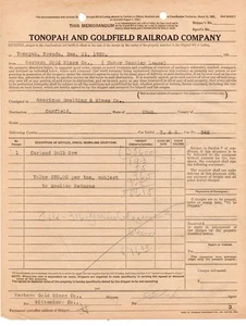 Recibo de carga de 1932 de Tonopah and Goldfield Railroad Co a Garfield Utah - Imagen 1 de 1