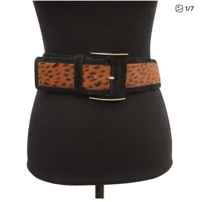 Cinturón de cuero gamuza estampado leopardo pelo ancho eco hebilla dorada negro talla grande Foto 1 de 4