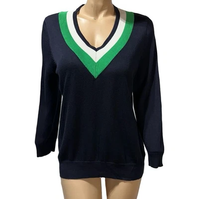 Chaps Women's Pullover Sweater Size L Navy Blue green white Preppy V-Neck  NWT - Image 1 of 4