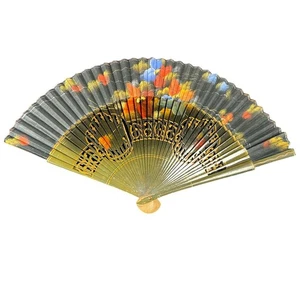 wooden hand painted- Vtg Spanish fan fabric ends floral- 16 inches extended - Picture 1 of 6