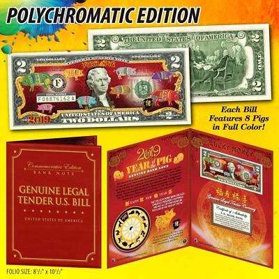 2019 Chinese New YEAR OF THE PIG Polychrome 8 Pigs $2 Bill in Large 8x10 Folio - Image 1 of 3