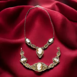 Antico bracciale collana cammeo conchiglia argento 800 filagrana oro 15” vermeil - Foto 1 di 22