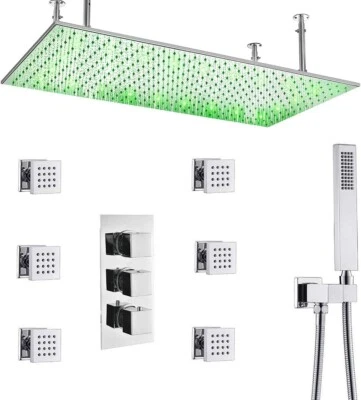 Thermostatic Shower Faucet Set 16x32" LED Rain Shower Head Massage System Chrome - Image 1 of 4